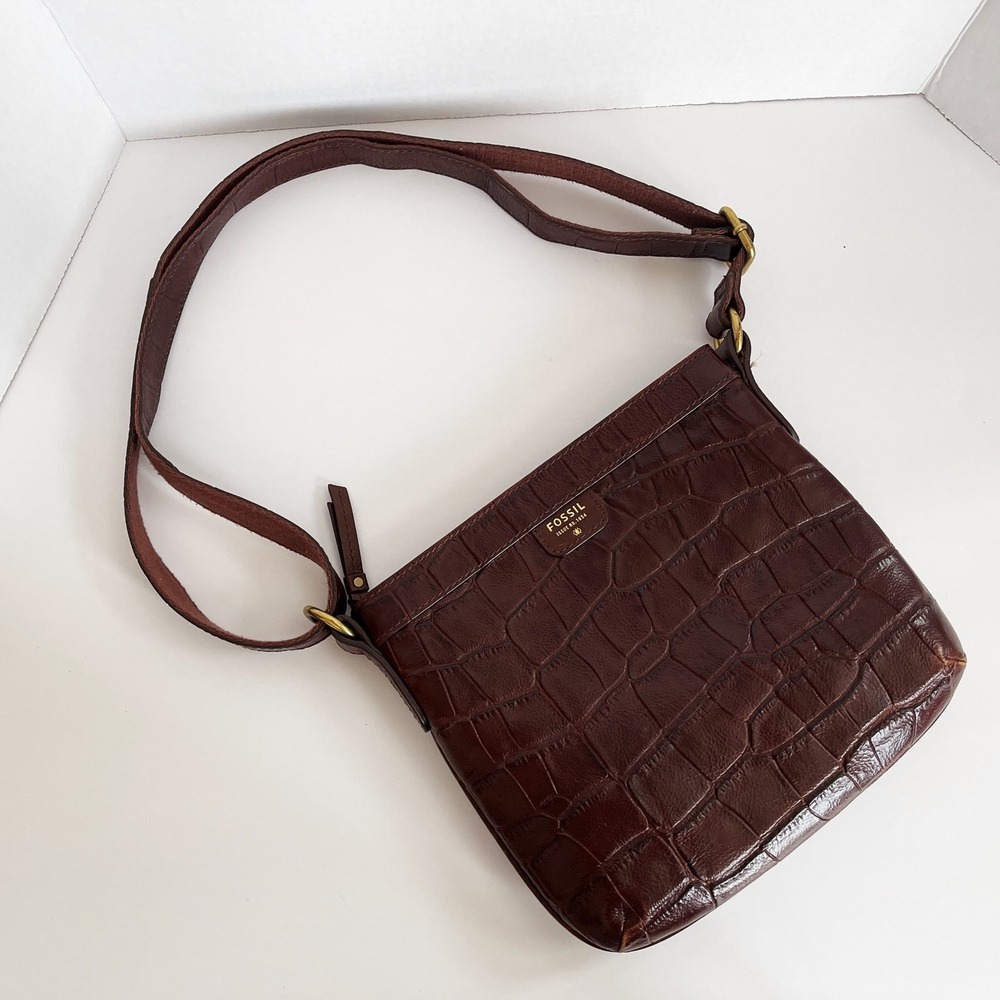 Fossil Crossbody SHB1077 Dark Brown Leather Croc Embossed Medium Size